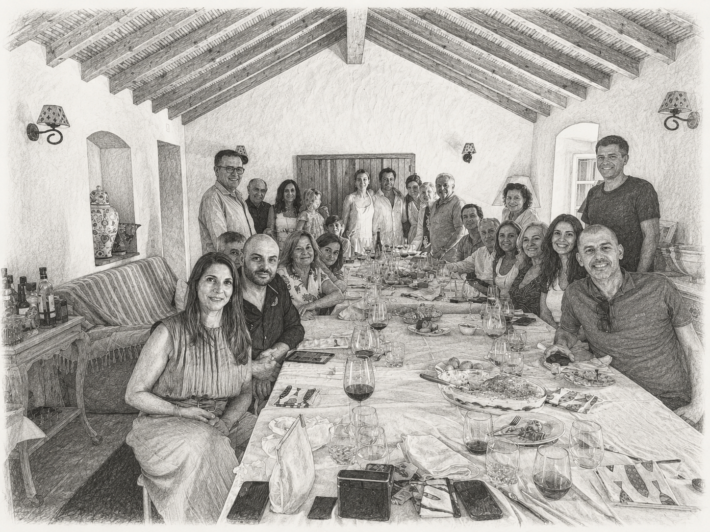 Family and friends of Alice gathered around a long table